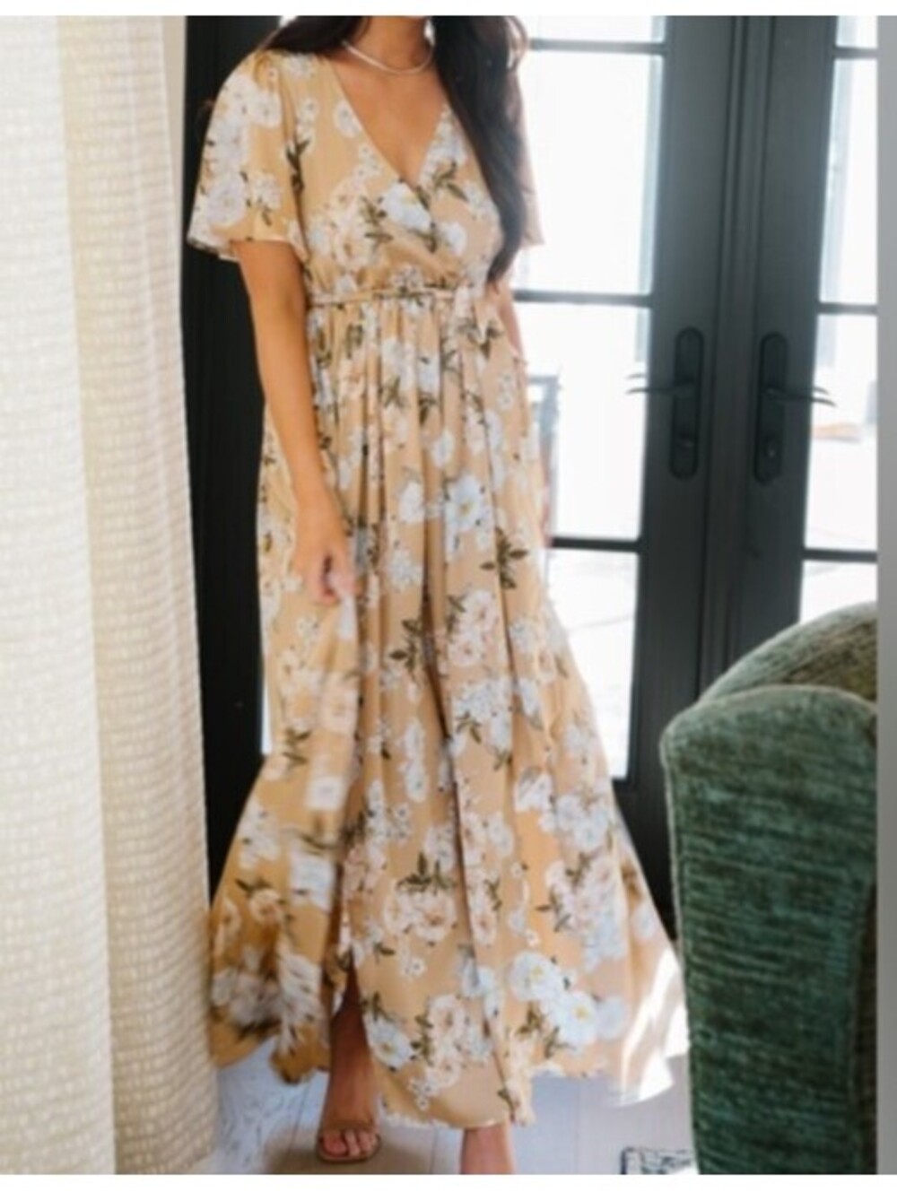 BALTIC BORN gold cream ruffle sleeve maxi dress sz XL